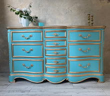 Load image into Gallery viewer, Blue and gold dresser suitable for any room in your home.